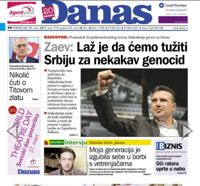 Заев за српскиот весник Данас: Тоа што го прави Груевски е аларм кризата брзо да се реши, со нова Влада!