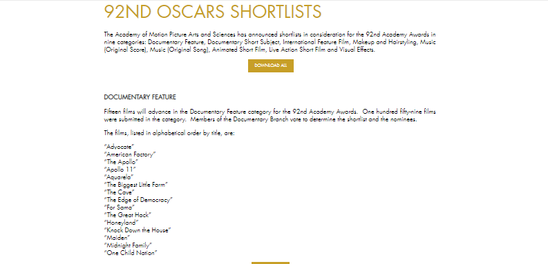 „Медена земја“ во потесен избор во две категории за 92.Оскар