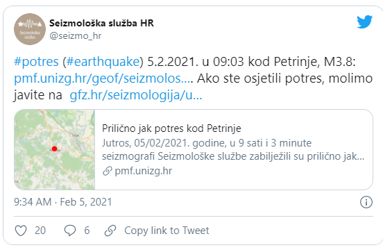 Земјотрес од 3,8 степени според Рихтер повторно ја стресе областа Петриња