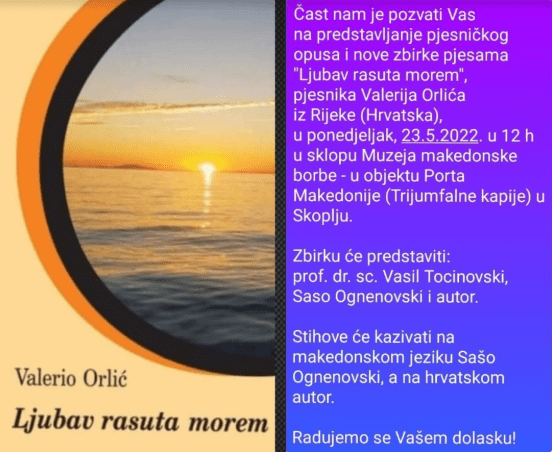 Поетот Валерио Орлиќ на голема турнеја по Македонија, Албанија и Хрватска